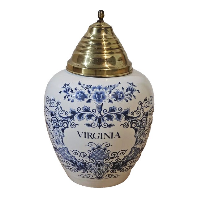 Mid 20th Century Delft Large Virginia Tobacco Jar With Lid by Oud in Holland Williamsburg Style For Sale