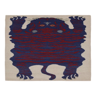 2010s Rug & Kilim’s Tiger-Skin Rug in White With Blue & Red Pictorial For Sale