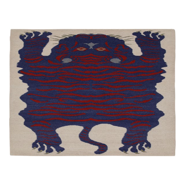 2010s Rug & Kilim’s Tiger-Skin Rug in White With Blue & Red Pictorial For Sale