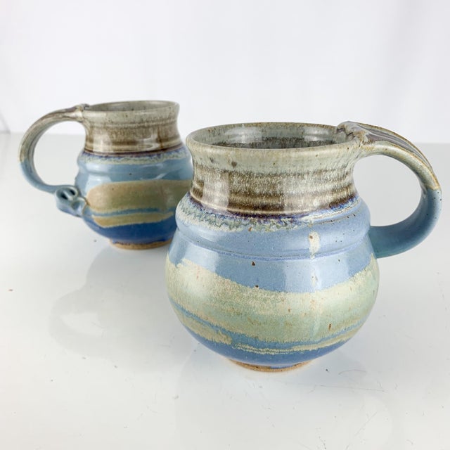 Rustic Vintage Studio Drip Glaze Smith Green, Blue & Gray Coffee Tea Mugs Set, Signed- a Pair For Sale - Image 3 of 11