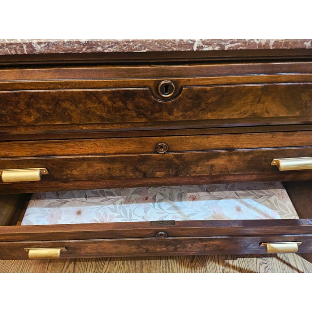 Bronze Antique 19th Century French Louis Philippe Burled Walnut Commode | Marble Top For Sale - Image 8 of 15