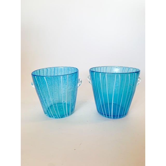 Vintage Venini Murano Style Blue Bubble Glass Wine Cooler Ice Buckets Italy 1970, a Pair For Sale - Image 9 of 12