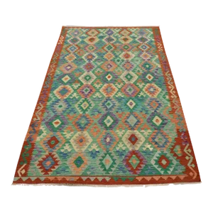 Kilim Rug 6’7” X 9’10” Green Wool Geometric Handwoven Oriental Carpet