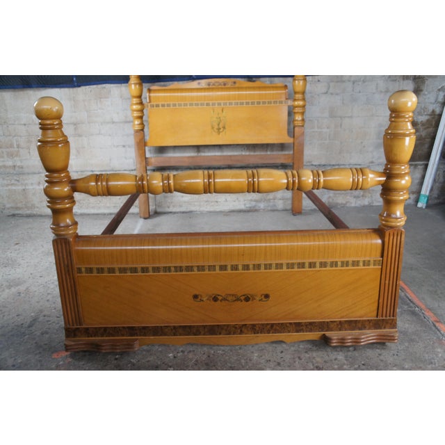 Vintage Late Art Deco Mahogany Waterfall Full Size Burl & Inlay 4 Poster Bed For Sale - Image 9 of 13