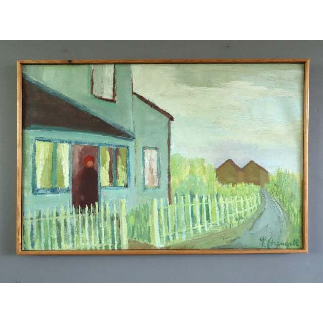 WAITING AT THE DOOR Size: 19.7 x 29.3 inches (including frame) Oil on canvas A soothing mid-century painting that captures...