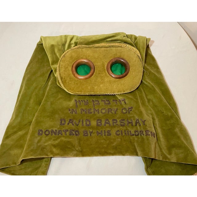 Green Rare Antique Hand Embroidered Judaica Jewish Memorial Torah Mantel Scroll Cover For Sale - Image 8 of 11