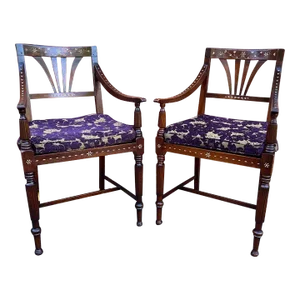 Pair of Antique Edwardian Mahogany Mother in Pearl Inlaid Armchairs