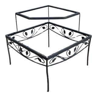 Vintage Woodard Scrolling Leaf Wrought Iron Patio Corner 2 Tier Coffee Table Base For Sale