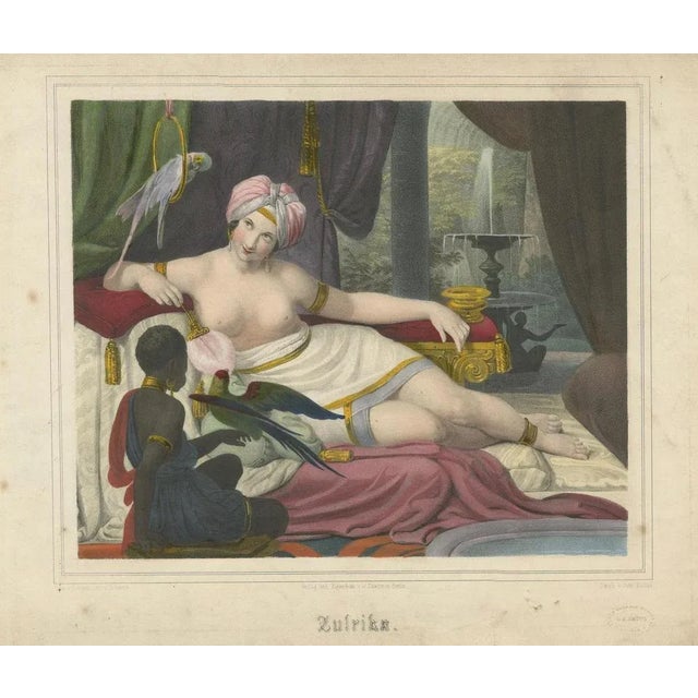 Orientalist lithograph of reclining woman with parrots – “ulrika”, c.1840, berlin this striking hand-colored lithograph...