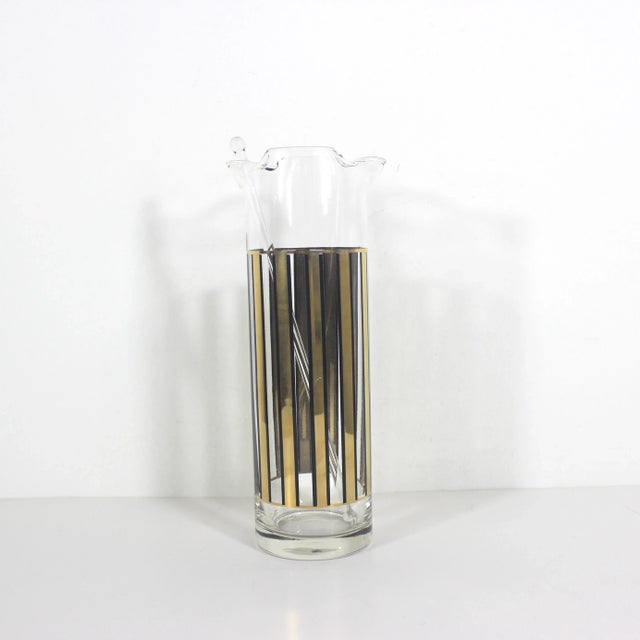 Culver Ltd. Mid Century Modern Cocktail Mixer With Stir Stick Culver 24k Gold and Black Striped Glass, Signed For Sale - Image 4 of 11