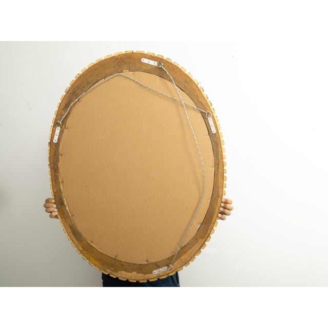 Wood French Oval Midcentury Giltwood Mirror with Grooved Radiating Patterns For Sale - Image 7 of 7