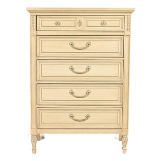John Widdicomb Style French Regency Louis XVI Cream Lacquered Highboy Dresser, Circa 1960s For Sale