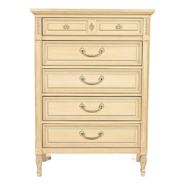 John Widdicomb Style French Regency Louis XVI Cream Lacquered Highboy Dresser, Circa 1960s For Sale
