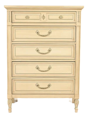 John Widdicomb Style French Regency Louis XVI Cream Lacquered Highboy Dresser, Circa 1960s