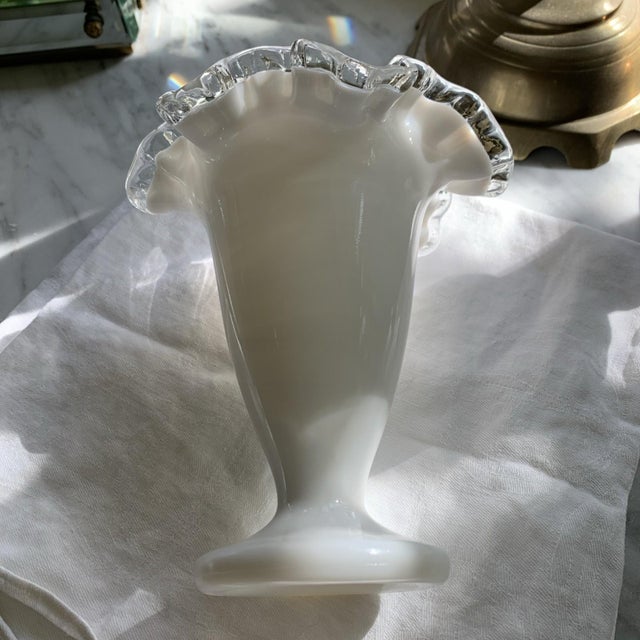 Vintage Fenton Silver Crest Vase Ruffled Milk Glass For Sale In Palm Springs - Image 6 of 9
