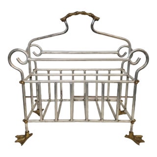 Vintage Solid Brass Faux Bamboo Duck Feet Heavy Magazine Rack Stand For Sale