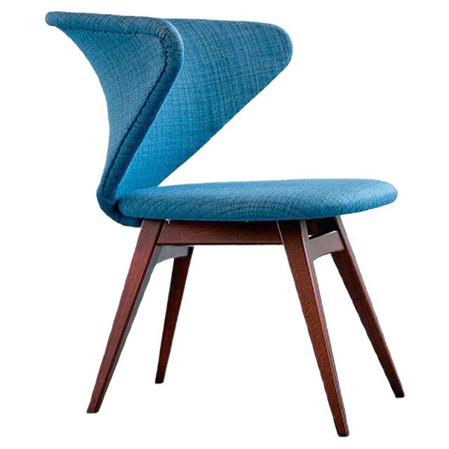 Wing-Shaped Side Chair in Petrol Blue Fabric and Beech by Sigfrid Ljungqvist, 1958 For Sale