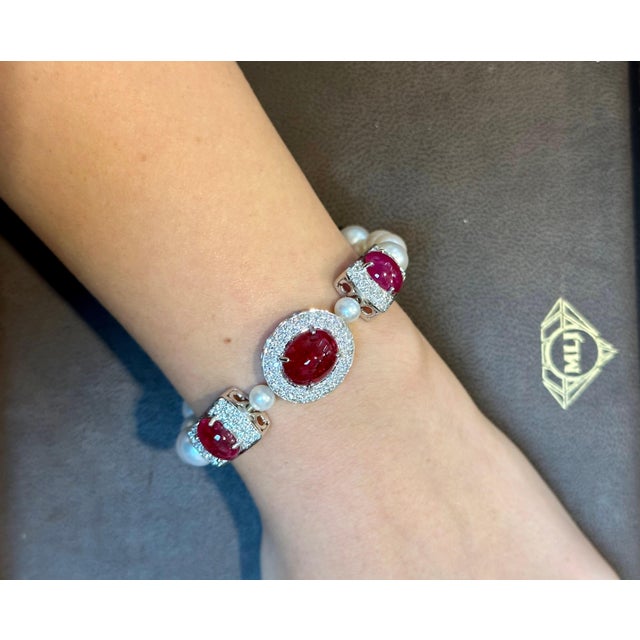 GIA Certified Burma No Heat Natural Spinel & Diamond & Pearl Bracelet, 18KWG For Sale - Image 11 of 18