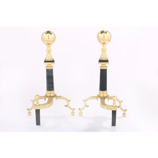 Brass Mid 20th Century Solid Brass / Marble Regency Style Andirons - a Pair For Sale - Image 8 of 11