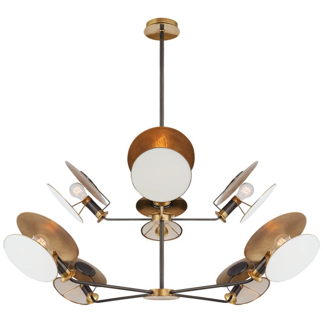 Thomas O'Brien for Visual Comfort Signature Osiris Large Reflector Chandelier in Bronze & Hand-Rubbed Antique Brass with Linen Diffuser For Sale