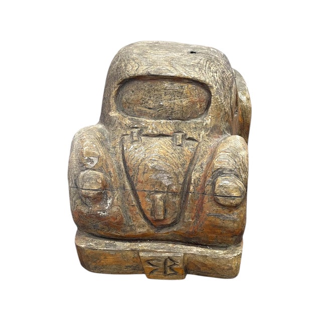Vintage Hand Carved Wooden Car Sculpture in the Style of a Volkswagen Beetle For Sale - Image 10 of 12