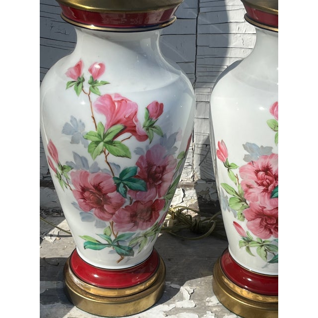 1920s 1920s Hand-Painted Table Lamps Milk Glass With Azalea Decoration - Pair For Sale - Image 5 of 6