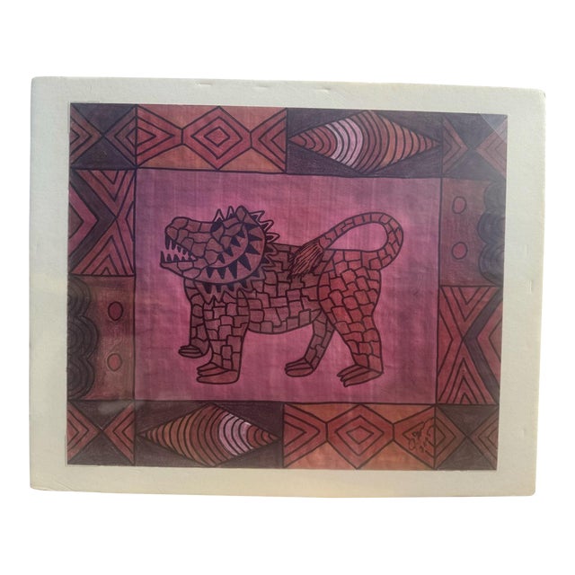 Jude Kirby Original Oil Pastel Painting, “Stone Lion” Folk Art. For Sale