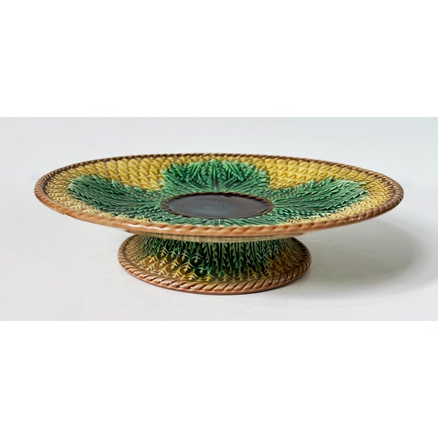 Antique 19th C Majolica Pineapple Pattern Cake Plate C1880s. Bold Colors of Yellow and Kelly Green and Chestnut Brown with...