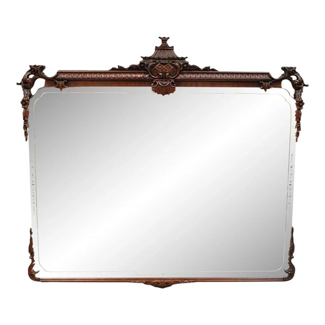 Vintage Chinese Chippendale Carved Mahogany Pagoda Frame Large Wall Mirror For Sale