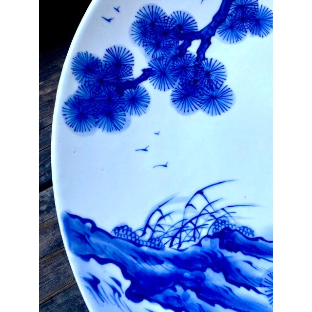 Mid 20th Century Monumental Japanese Blue & White Porcelain Charger With Hawk & Pine Landscape For Sale In San Francisco - Image 6 of 15