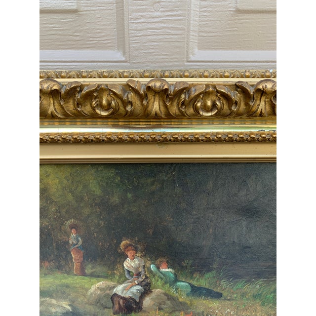 Antique Hand Painted Framed Oil on Canvas Ladies in a Landscape Painting For Sale - Image 4 of 16