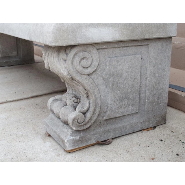 Carved Italian Limestone Garden Bench With Fleur De Lys and Acanthus Decoration For Sale - Image 12 of 12