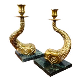 Vintage Antique Dolphin / Fish Brass & Marble Pair of Candle Holders For Sale