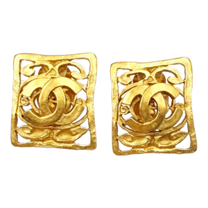Chanel Vintage Gold Plated CC Filigree Rectangle Clip on Earrings, A Pair