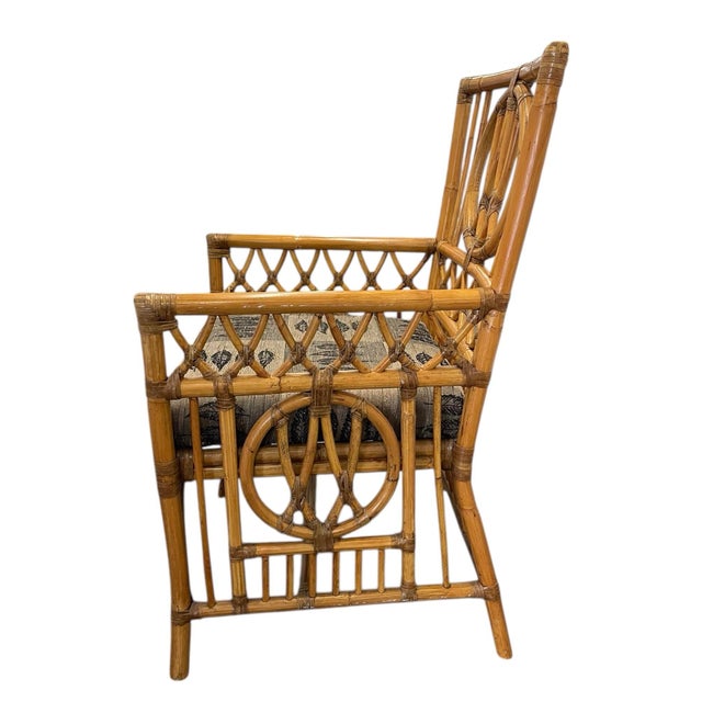 Campaign Late 20th Century Palecek Rattan Armchair With Custom Leaf Upholstery, Campaign, Coastal, Boho For Sale - Image 3 of 12