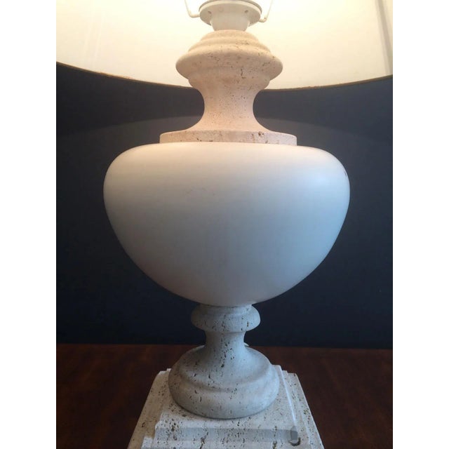 Cream Circa 1970 French Ceramic & Travertine Base Table Lamp For Sale - Image 8 of 11
