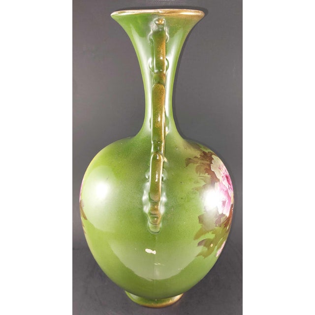 Victorian 1890s - 1910s European 2-Handle Porcelain Vase Hand Painted Roses Green Yellow 16" For Sale - Image 3 of 8