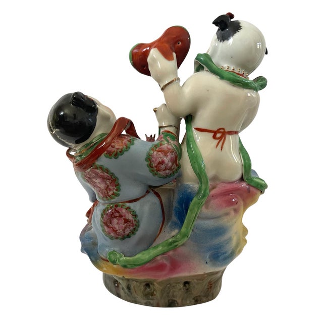 Vintage Chinese Lucky Boy and Girl Porcelain Hand Painted Statue Figurine For Sale In San Francisco - Image 6 of 8