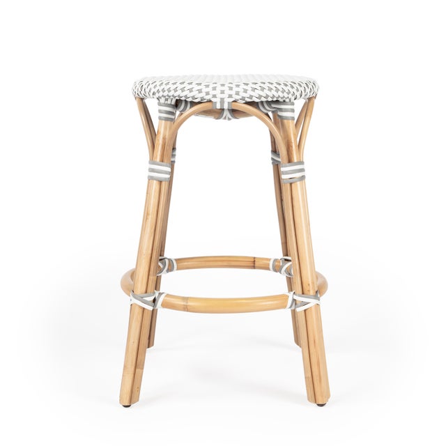 2020s Tobias 24 in. Seat Height Round Rattan Backless Counter Stool, White/Gray Dot / Natural Rattan Frame For Sale - Image 5 of 8