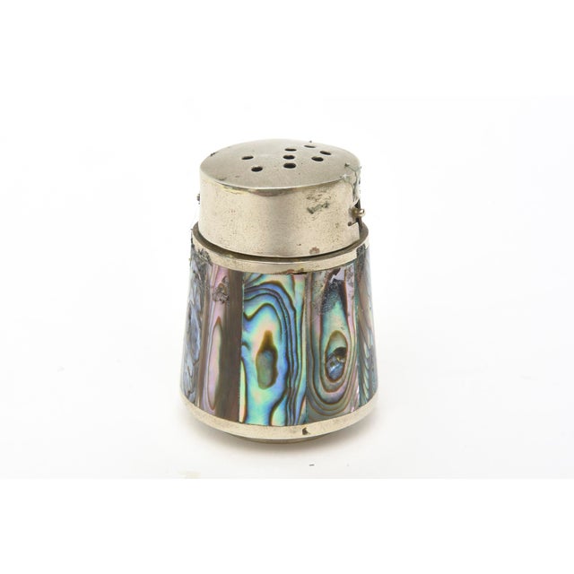 Vintage Small Alpaca Silver and Abalone Salt and Pepper Shakers With Tray For Sale In Miami - Image 6 of 9