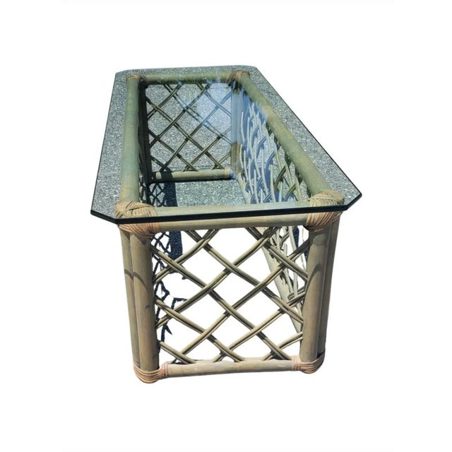 Vintage Jumbo Rattan Glass Top Coffee Table in Turquoise-Champaign Color For Sale - Image 4 of 7