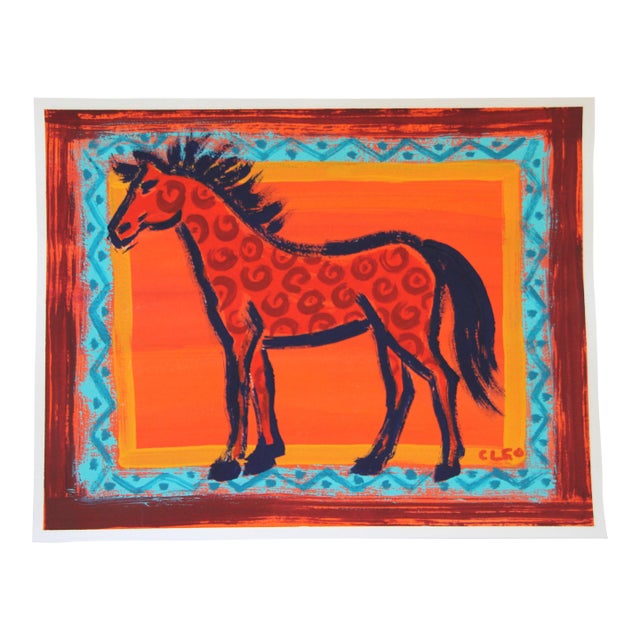 Horse Western Americana Folk Art Abstract Orange Red Turquoise Original Painting by Cleo Plowden For Sale