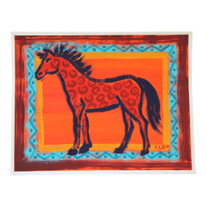 Horse Western Americana Folk Art Abstract Orange Red Turquoise Original Painting by Cleo Plowden