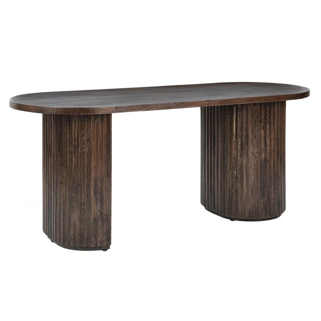 Solid mango wood desk with rustic brown finish. Fluted based featuring subtle cabinet on one side with brass finish door...