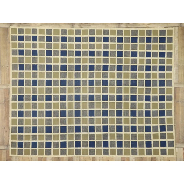 Navy Blue Vintage Kilim Buffalo Plaid Rug - 08'07 x 10'10 For Sale - Image 8 of 9