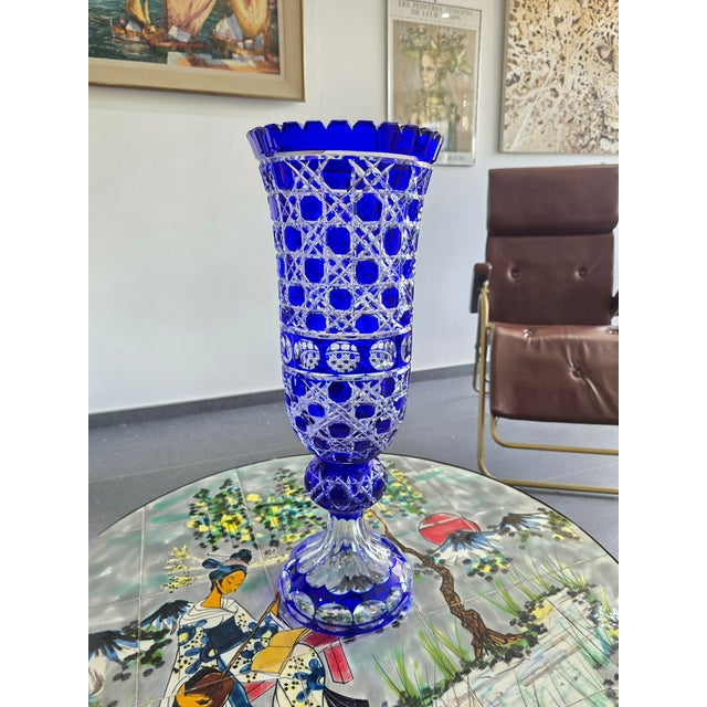 Glass Large Cobalt Blue Cut Crystal Vase from Les Grands Ducs, 1980s For Sale - Image 7 of 12