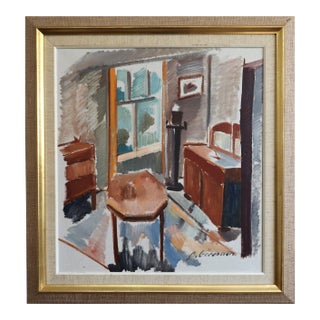 Mid-Century Modern 'Sunlit Parlour' Vintage Swedish Expressive Interior Oil Painting, Framed For Sale
