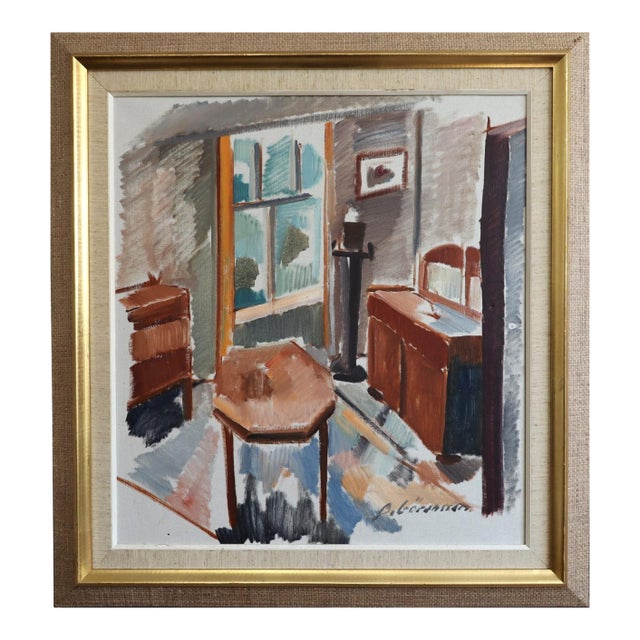 Mid-Century Modern 'Sunlit Parlour' Vintage Swedish Expressive Interior Oil Painting, Framed For Sale