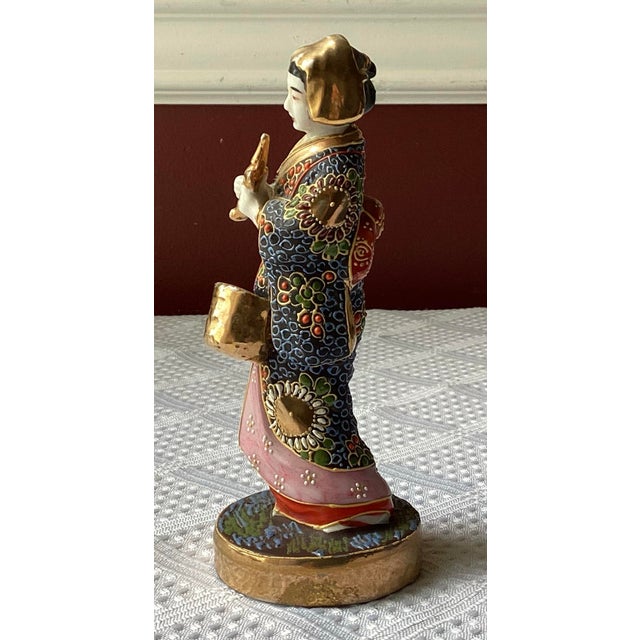 Satsuma Antique Japanese Satsuma Porcelain Figurine, Hand-Painted Kimono, 5 3/8” Tall For Sale - Image 4 of 10