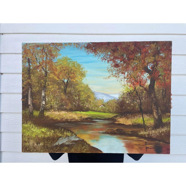 Vintage Traditional Impressionist Still Life Autumn Landscape Original Oil Painting, Chartreuse, Copper, Orange For Sale - Image 4 of 11
